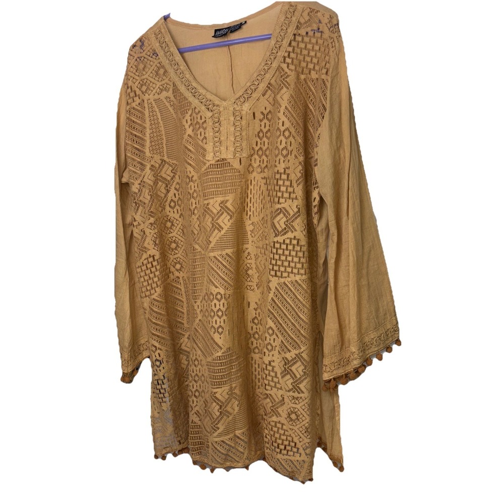 Tunic Peasant Blouse Crochet Front Boho Light Brown 1X